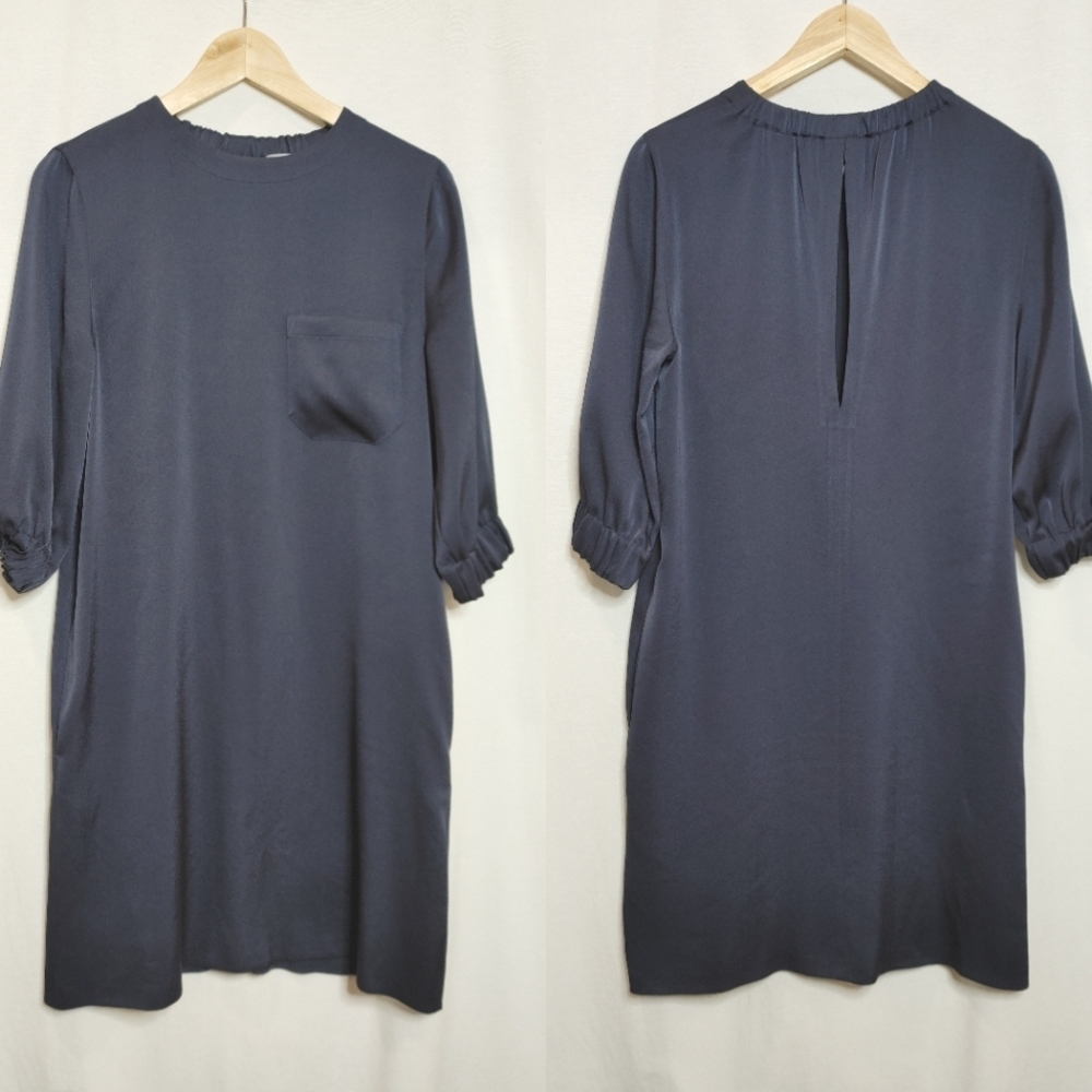 Vince Gathered Shift Dress Scoop Neck Satin 3/4 Sleeve Shift Short Dress Gray XS
